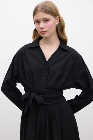 Pleated Belted Dress Black