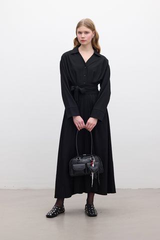 Pleated Belted Dress Black