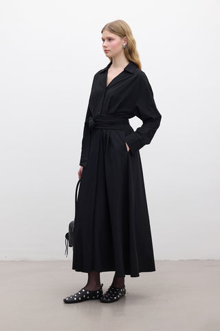 Pleated Belted Dress Black