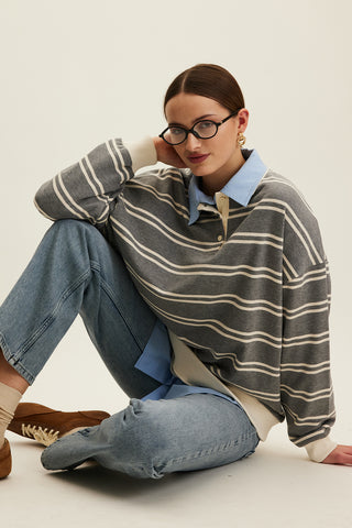 Polo Yaka Büyük Boy Sweatshirt Gri