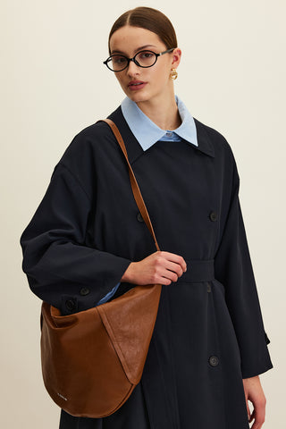 Soft Faux Leather Oval Crossbody Bag Camel