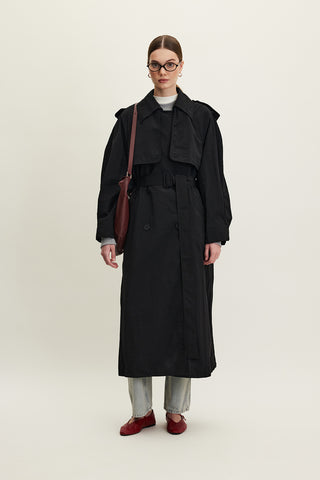 Technical Fabric Oversize Trench Coat Black