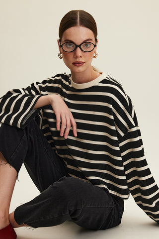 Striped Cropped Oversized Sweatshirt Black Stripe