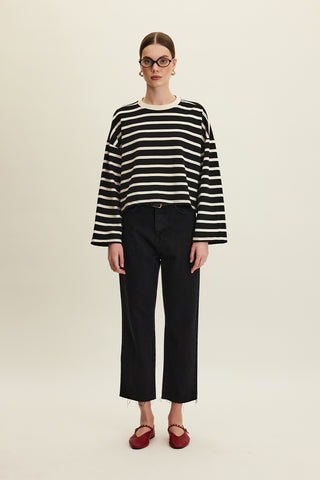 Striped Cropped Oversized Sweatshirt Black Stripe