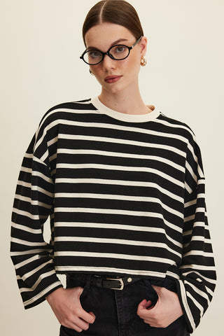 Striped Cropped Oversized Sweatshirt Black Stripe