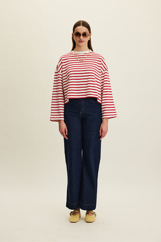 Striped Cropped Oversized Sweatshirt Red Stripe
