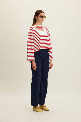 Striped Cropped Oversized Sweatshirt Red Stripe