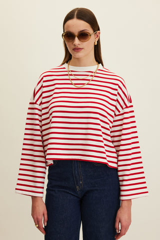Striped Cropped Oversized Sweatshirt Red Stripe