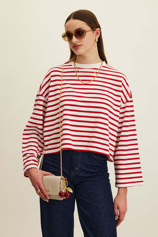 Striped Cropped Oversized Sweatshirt Red Stripe