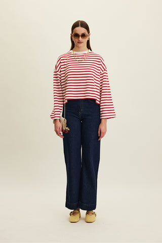 Striped Cropped Oversized Sweatshirt Red Stripe