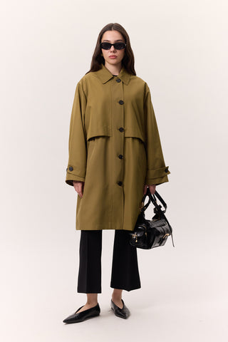 Adjustable Waist Lightweight Trench Coat Olive Green