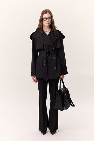Double-Breasted Cropped Trench Coat Black