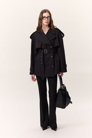 Double-Breasted Cropped Trench Coat Black