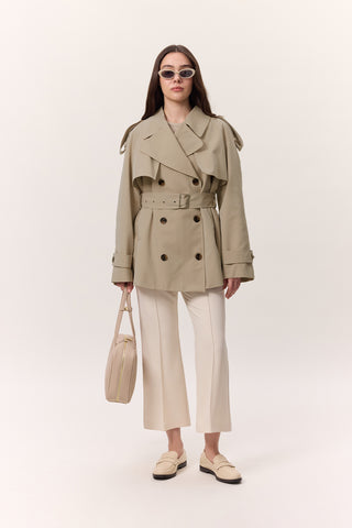 Double-Breasted Cropped Trench Coat Sand