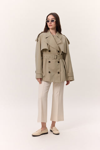 Double-Breasted Cropped Trench Coat Sand