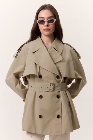 Double-Breasted Cropped Trench Coat Sand