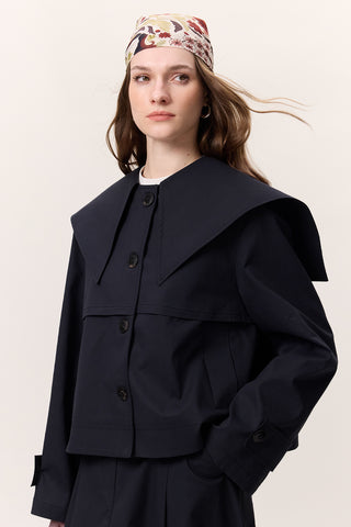 Wide Collar Gabardine Jacket Navy Blue
