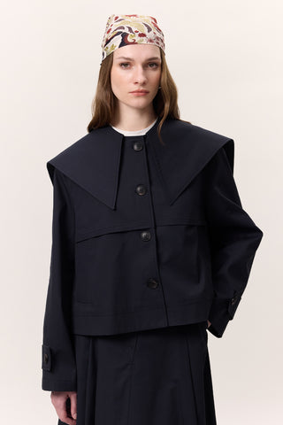 Wide Collar Gabardine Jacket Navy Blue