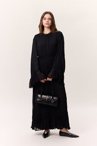 Crushed Pleated Tiered Maxi Dress Black