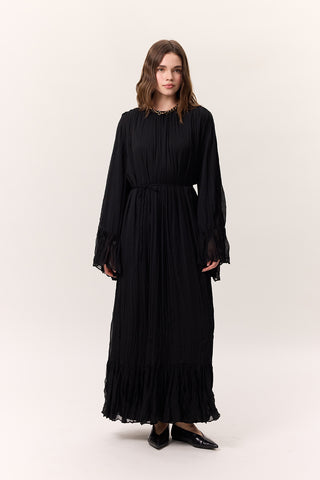 Crushed Pleated Tiered Maxi Dress Black