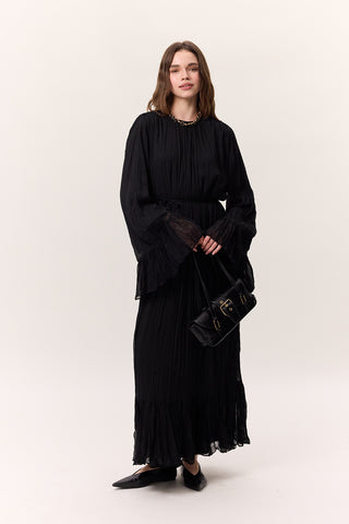 Crushed Pleated Tiered Maxi Dress Black