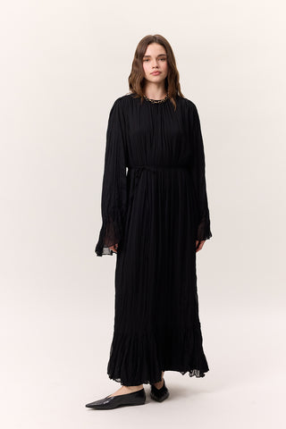 Crushed Pleated Tiered Maxi Dress Black