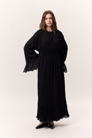Crushed Pleated Tiered Maxi Dress Black
