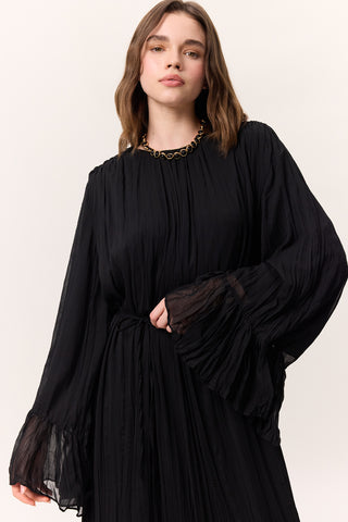 Crushed Pleated Tiered Maxi Dress Black