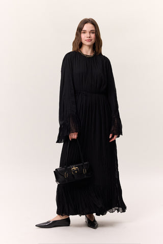 Crushed Pleated Tiered Maxi Dress Black