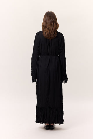 Crushed Pleated Tiered Maxi Dress Black