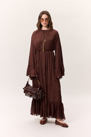 Crushed Pleated Tiered Maxi Dress Brown