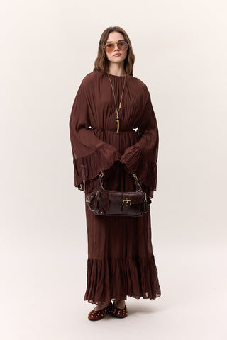 Crushed Pleated Tiered Maxi Dress Brown