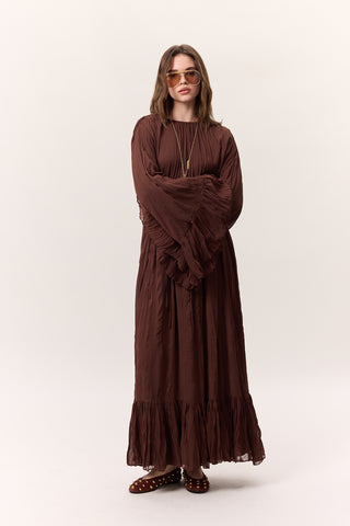 Crushed Pleated Tiered Maxi Dress Brown