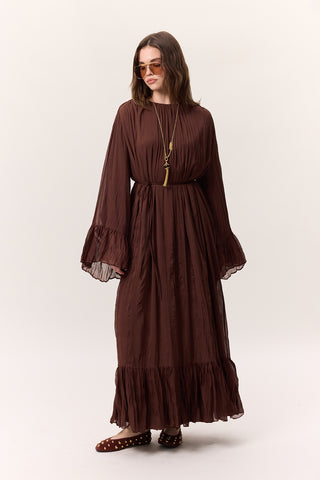 Crushed Pleated Tiered Maxi Dress Brown