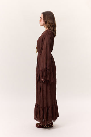 Crushed Pleated Tiered Maxi Dress Brown