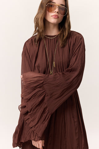 Crushed Pleated Tiered Maxi Dress Brown