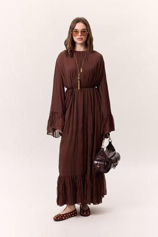 Crushed Pleated Tiered Maxi Dress Brown