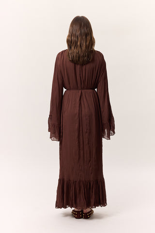 Crushed Pleated Tiered Maxi Dress Brown