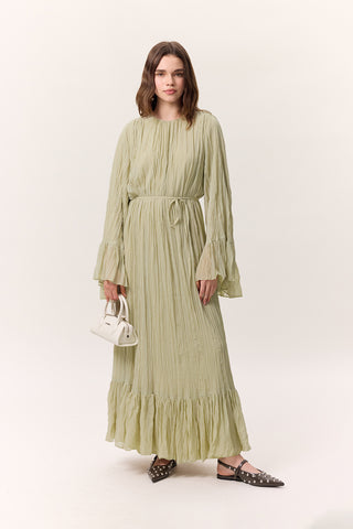 Crushed Pleated Tiered Maxi Dress Sage Green