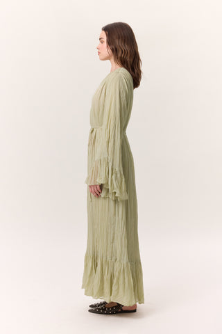 Crushed Pleated Tiered Maxi Dress Sage Green