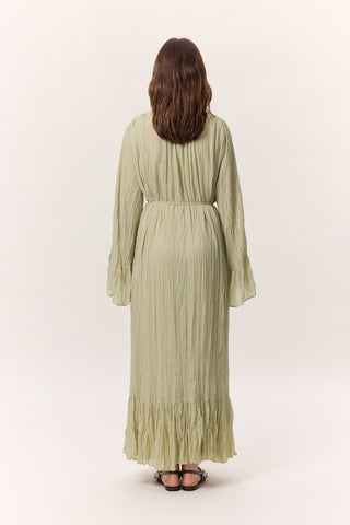 Crushed Pleated Tiered Maxi Dress Sage Green