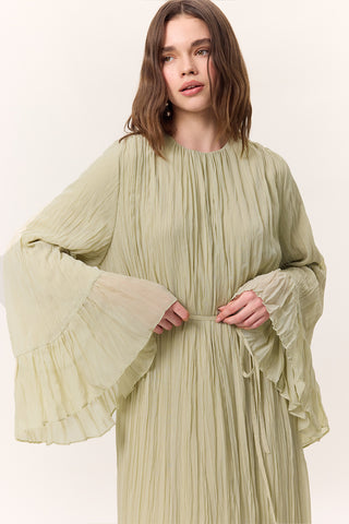 Crushed Pleated Tiered Maxi Dress Sage Green