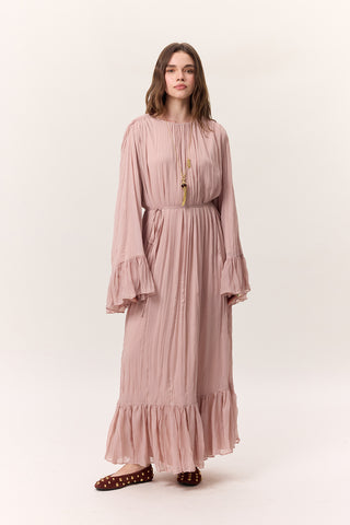 Crushed Pleated Tiered Maxi Dress Powder