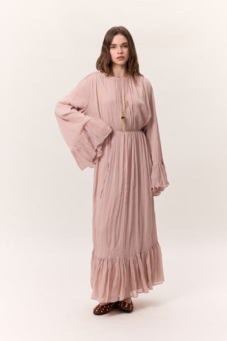 Crushed Pleated Tiered Maxi Dress Powder
