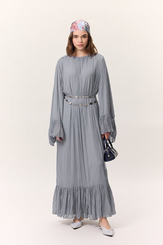 Crushed Pleated Tiered Maxi Dress Blue