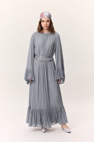 Crushed Pleated Tiered Maxi Dress Blue