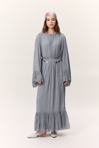 Crushed Pleated Tiered Maxi Dress Blue