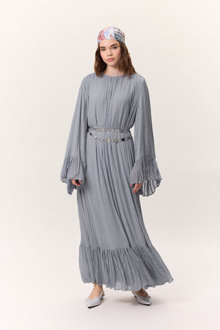 Crushed Pleated Tiered Maxi Dress Blue