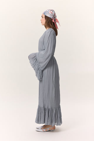 Crushed Pleated Tiered Maxi Dress Blue