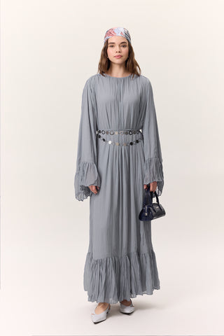 Crushed Pleated Tiered Maxi Dress Blue